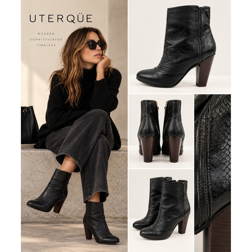 Uterque Womens Black Uterque Black Leather Ankle Boots 38 US 7.5 Block Heel